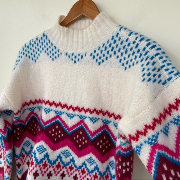 LOFT Whisper White Fair Isle Wide Sleeve Mock Neck Sweater M Medium Pink Blue - Picture 3 of 8